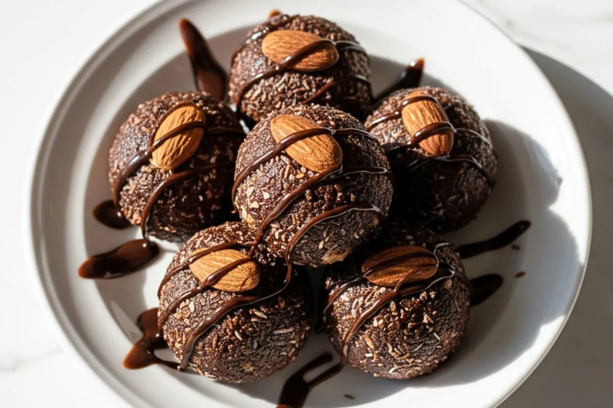 Almond Joy Protein Balls in a ceramic dessert plate