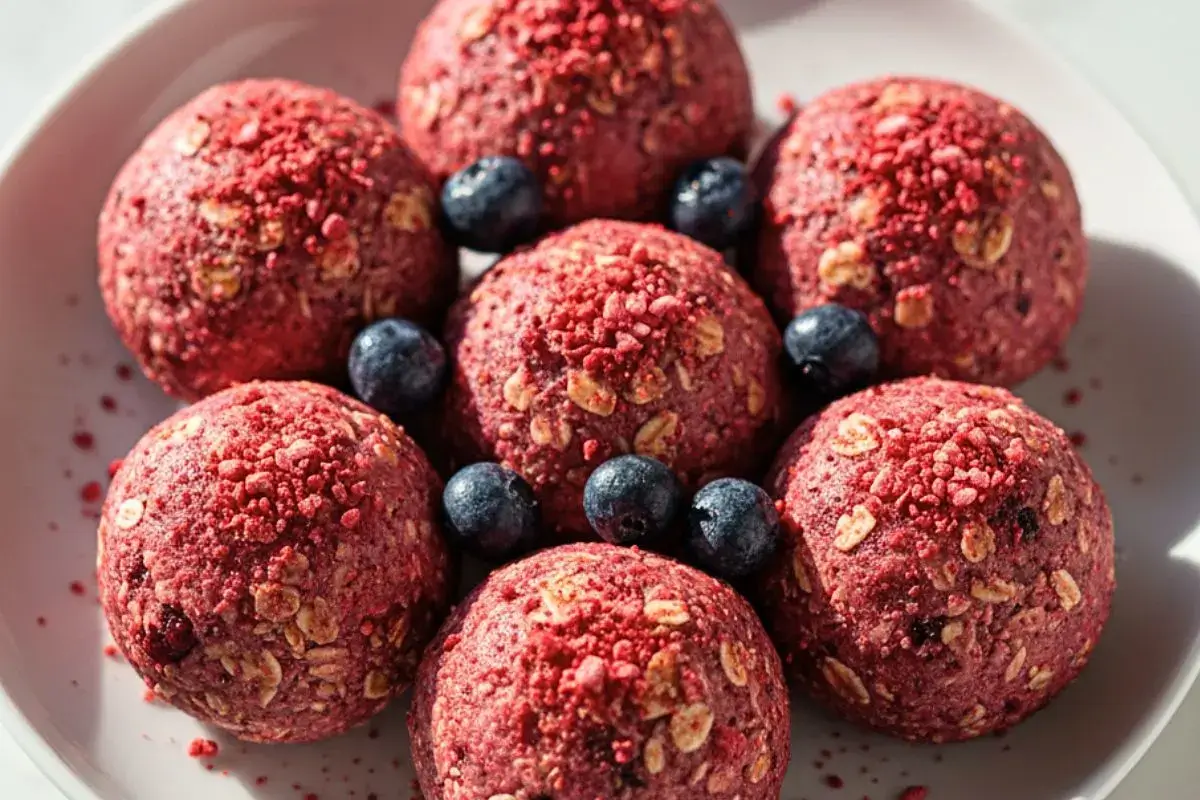 Berry Bliss Protein Balls in a white ceramic plate
