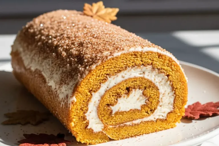 Best Swiss Roll Recipes - A Pumpkin Spice Swiss Roll on a white ceramic dessert plate, featuring layers of spiced pumpkin cake swirled with cinnamon buttercream, topped with a sprinkle of cinnamon sugar and small autumn leaves for garnish.