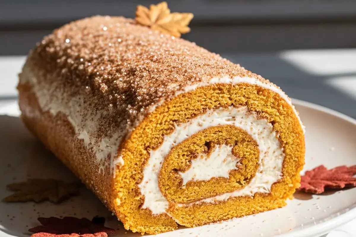 Best Swiss Roll Recipes - A Pumpkin Spice Swiss Roll on a white ceramic dessert plate, featuring layers of spiced pumpkin cake swirled with cinnamon buttercream, topped with a sprinkle of cinnamon sugar and small autumn leaves for garnish.