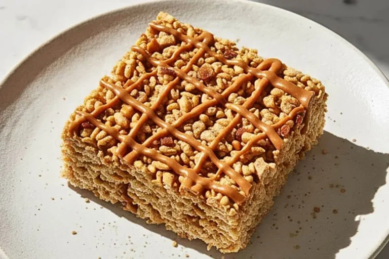 A Sigle slice of Caramel Apple Rice Crispy Treats dessert in a ceramic plate