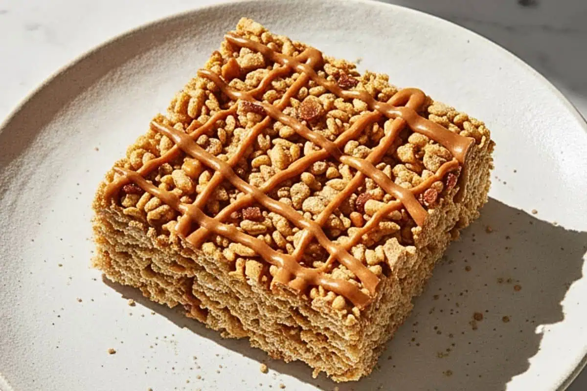 A Sigle slice of Caramel Apple Rice Crispy Treats dessert in a ceramic plate