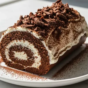 A Chocolate Cake Roll on a white ceramic dessert plate, featuring layers of rich chocolate sponge cake swirled with whipped cream filling, topped with a dusting of cocoa powder and chocolate shavings.