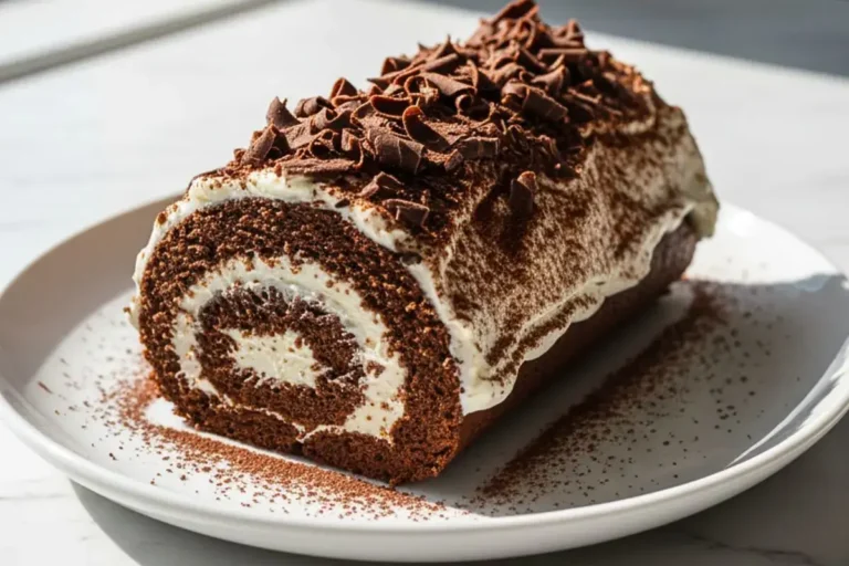 A Chocolate Cake Roll on a white ceramic dessert plate, featuring layers of rich chocolate sponge cake swirled with whipped cream filling, topped with a dusting of cocoa powder and chocolate shavings.