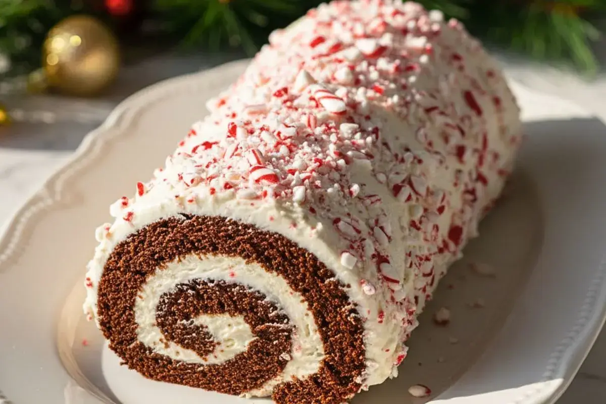 A Chocolate Peppermint Swiss Roll on an elegant white ceramic serving platter