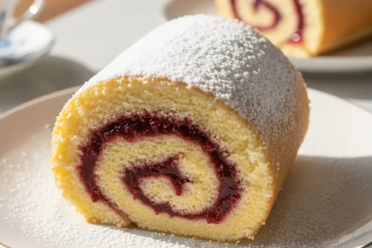A Swiss Roll in a white ceramic dessert plate, featuring layers of golden sponge cake and ruby-red raspberry jam visible in the swirl, topped with a light dusting of powdered sugar.