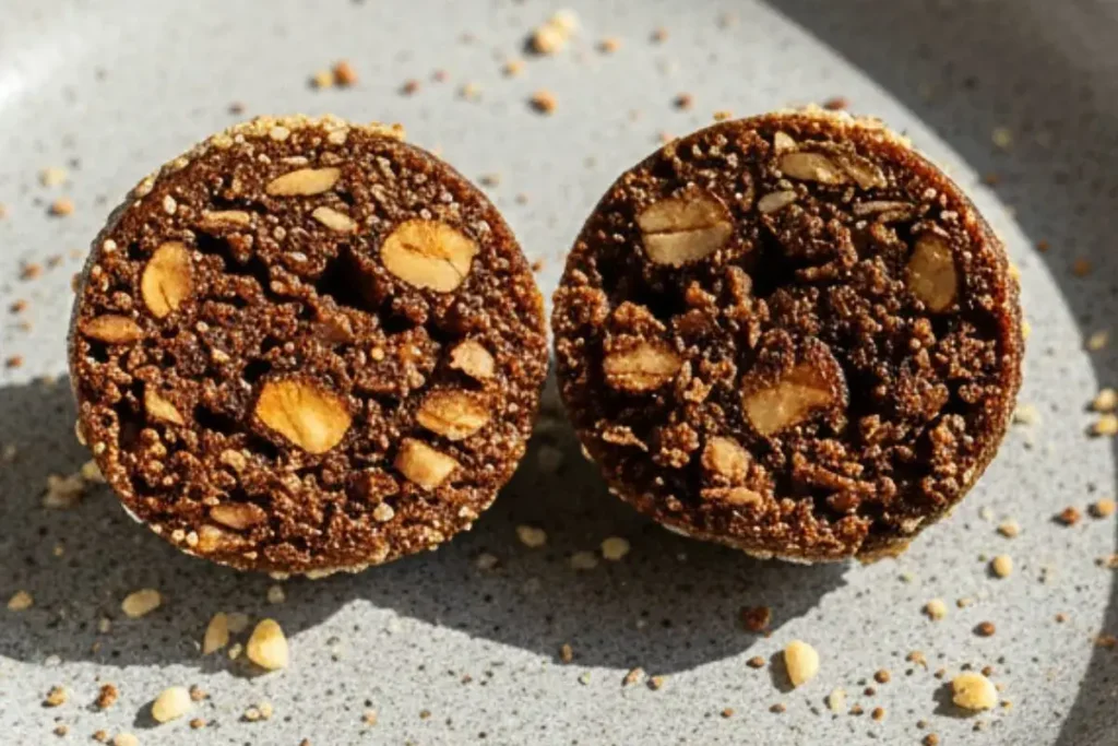 A single Date and Nut Protein Ball diversed into two halves