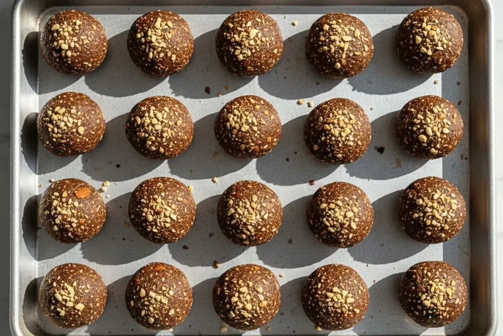 Date and Nut Protein Balls in a baking sheet