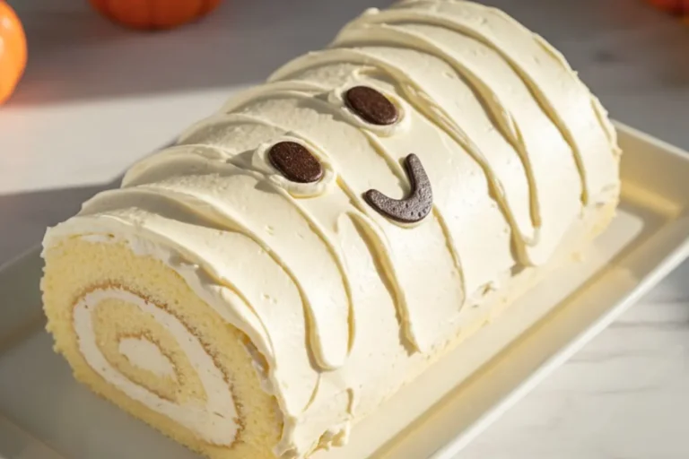 A Halloween Ghost Swiss Roll in a white rectangular dessert platter