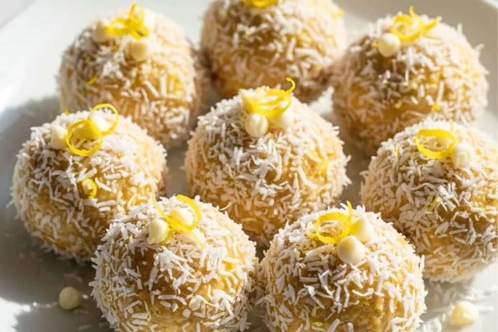 Lemon Coconut Protein Balls in a white ceramic plate