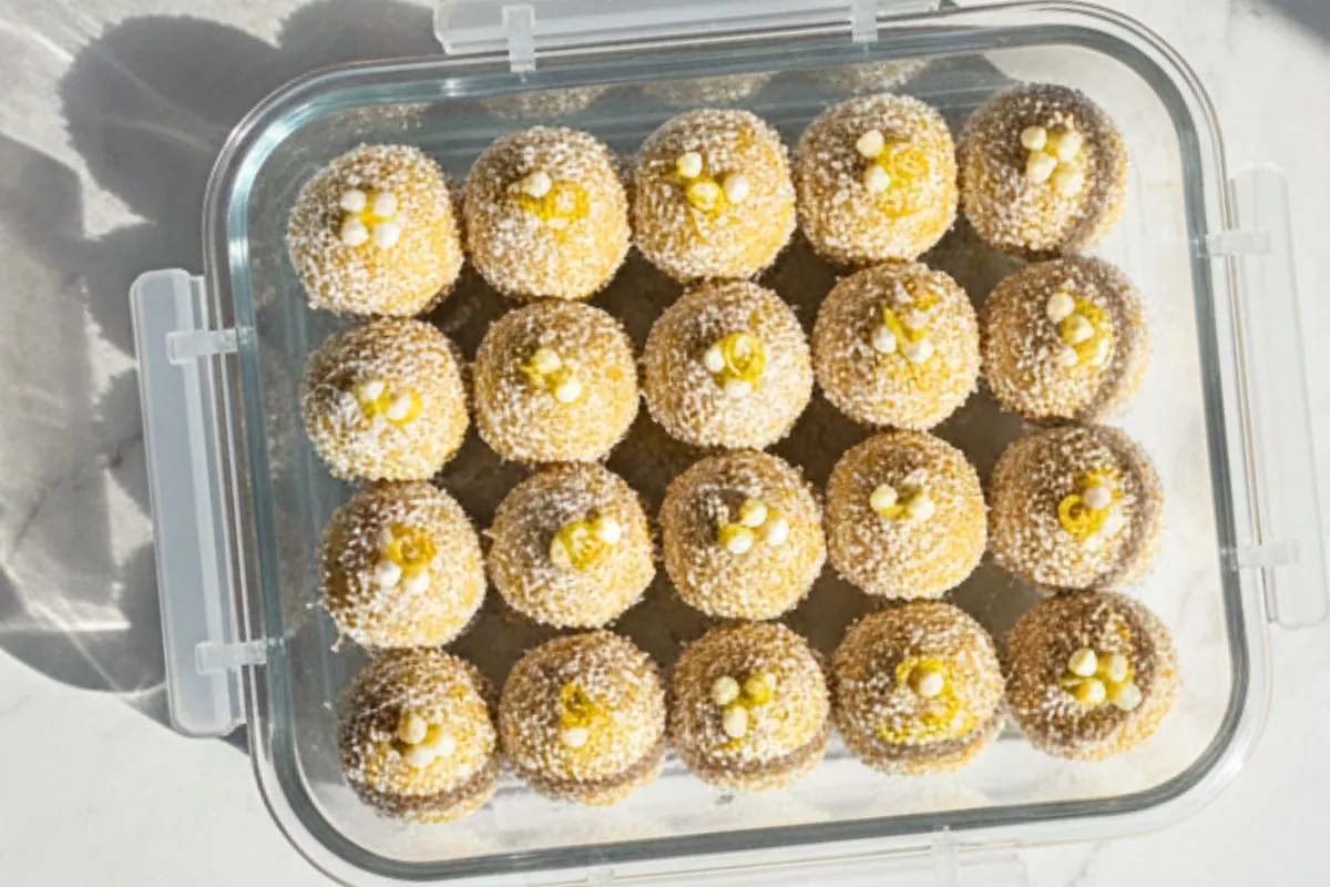 Lemon Coconut Protein Balls in Airtight container
