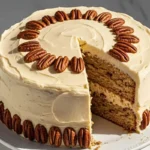 A Maple Pecan Cake, featuring two layers of golden-brown buttery cake with visible toasted pecan pieces, frosted with smooth maple buttercream and decorated with whole toasted pecans on top and pressed around the sides.