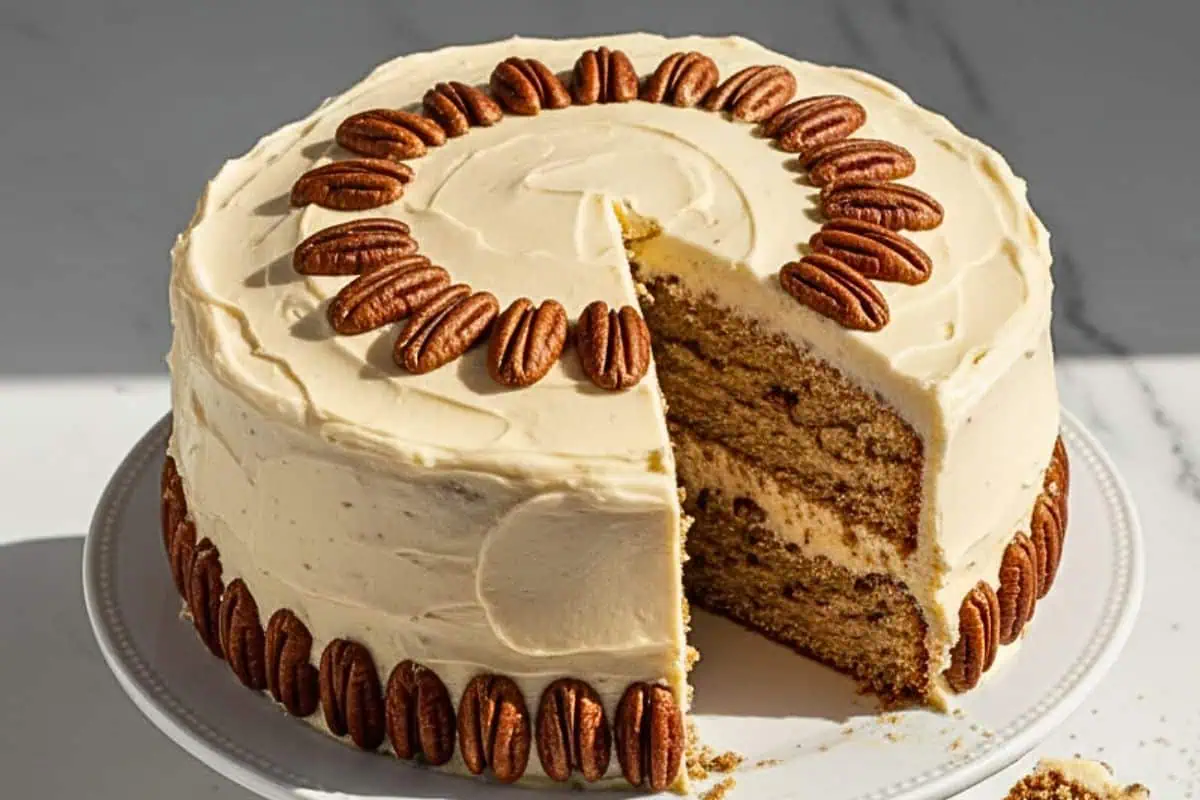 A Maple Pecan Cake, featuring two layers of golden-brown buttery cake with visible toasted pecan pieces, frosted with smooth maple buttercream and decorated with whole toasted pecans on top and pressed around the sides.