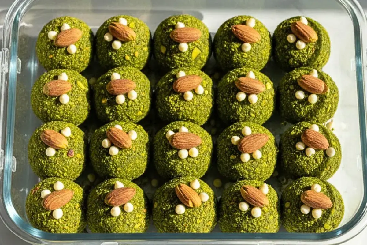 Matcha Pistachio Protein Balls in a Airtight storage container