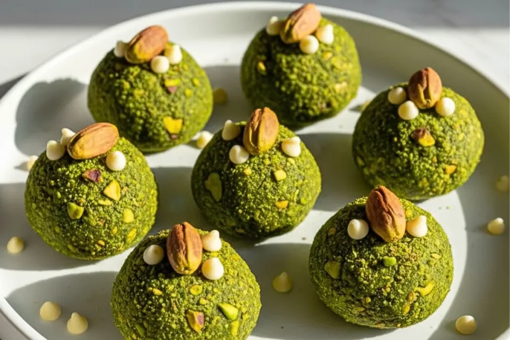 Matcha Pistachio Protein Balls in a white dessert plate