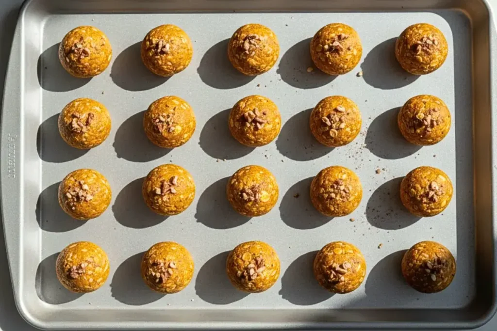 Pumpkin Spice Protein Balls in a baking sheet