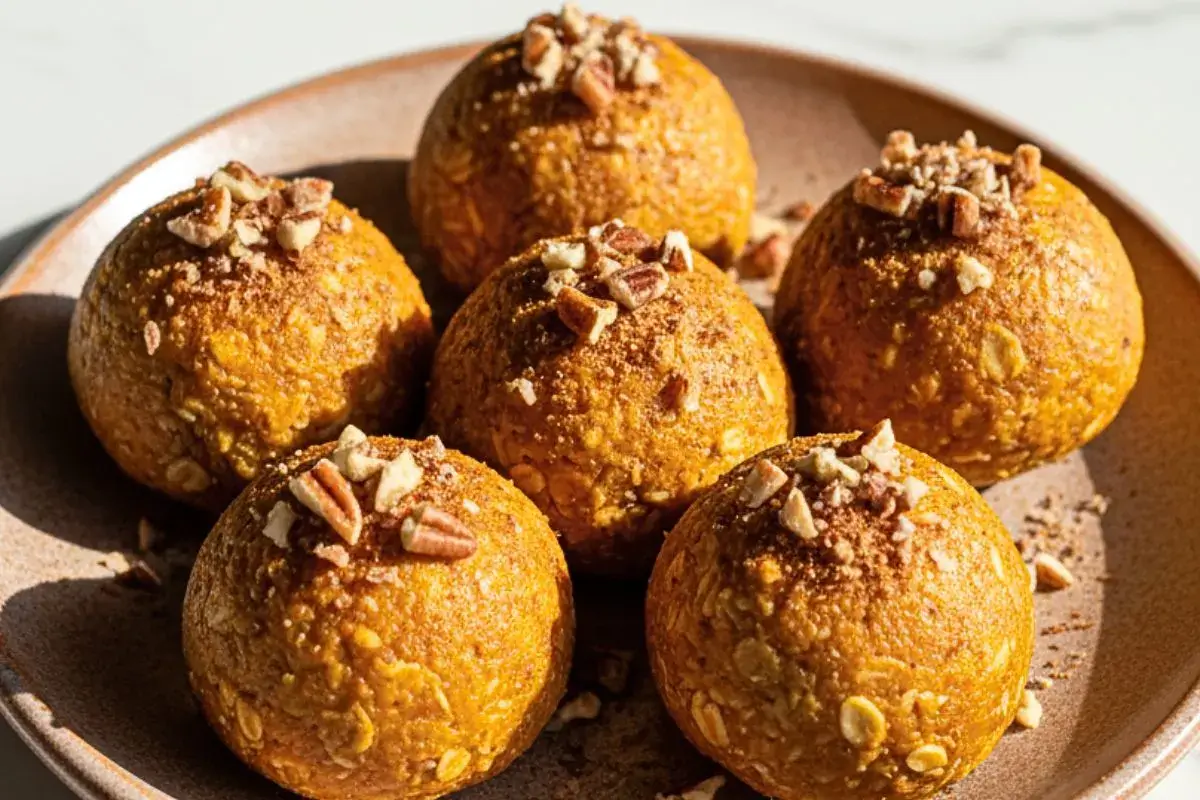 Pumpkin Spice Protein Balls in a simple plate