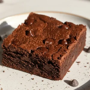 Pumpkin Workout Brownies on a rustic ceramic dessert plate, featuring rich chocolate fudgy texture with visible dark chocolate chips throughout, topped with a light dusting of cocoa powder and a few scattered chocolate chips.