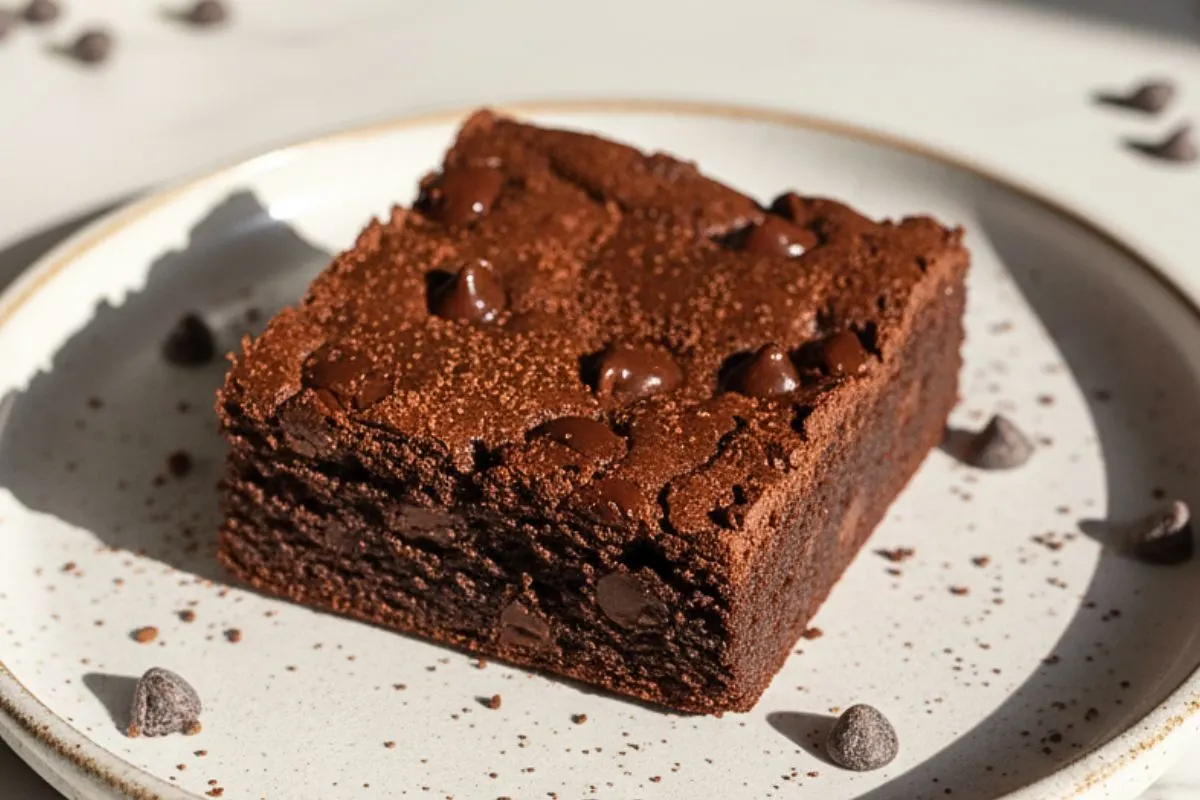 Pumpkin Workout Brownies on a rustic ceramic dessert plate, featuring rich chocolate fudgy texture with visible dark chocolate chips throughout, topped with a light dusting of cocoa powder and a few scattered chocolate chips.