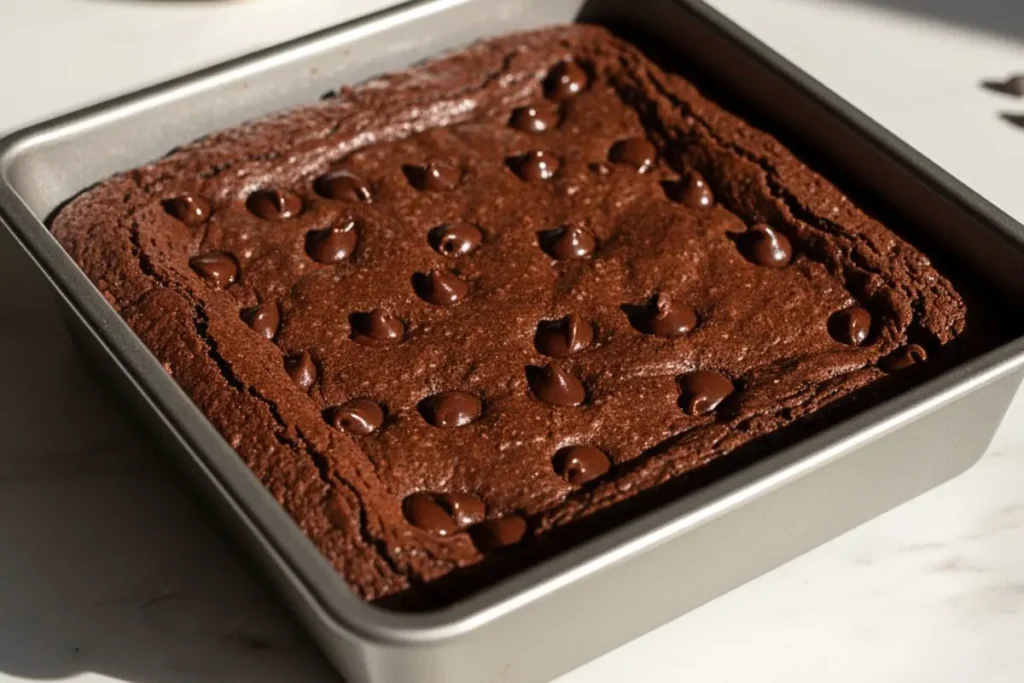 Pumpkin Workout Brownies on a 8*8 baking pan, featuring rich chocolate fudgy texture with visible dark chocolate chips throughout, topped with a light dusting of cocoa powder and a few scattered chocolate chips.