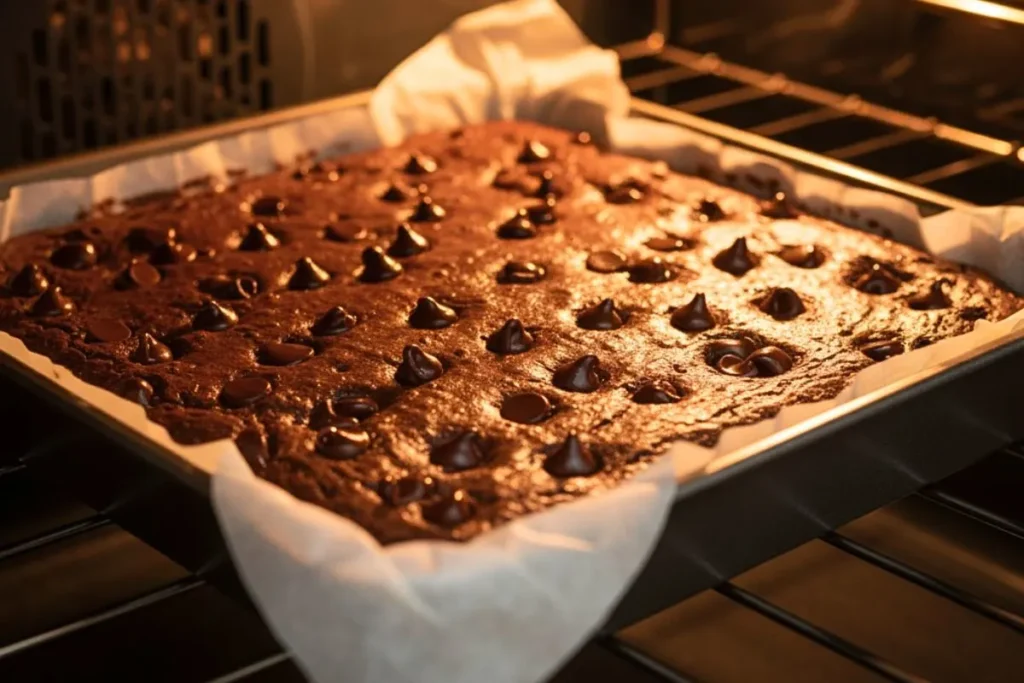 Inside oven view of perfectly baked Pumpkin Workout Brownies in a parchment-lined square baking pan