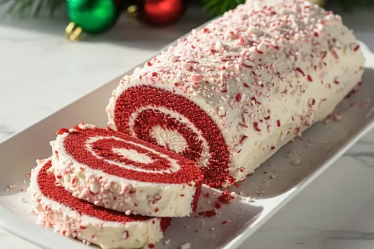 A Red Velvet Cake Roll with Peppermint Buttercream on a white ceramic serving platter