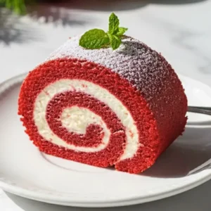 A single slice of Red Velvet Swiss Roll with Cream Cheese Frosting on a white dessert plate
