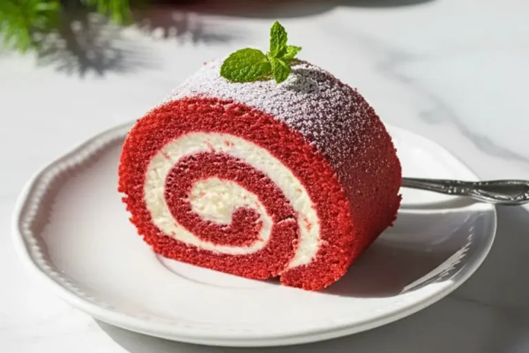 A single slice of Red Velvet Swiss Roll with Cream Cheese Frosting on a white dessert plate