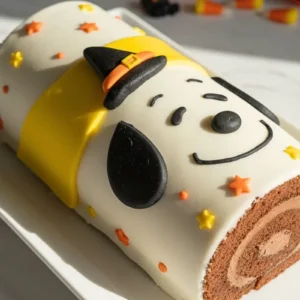 A Snoopy Halloween Swiss Roll in a white rectangular serving platter