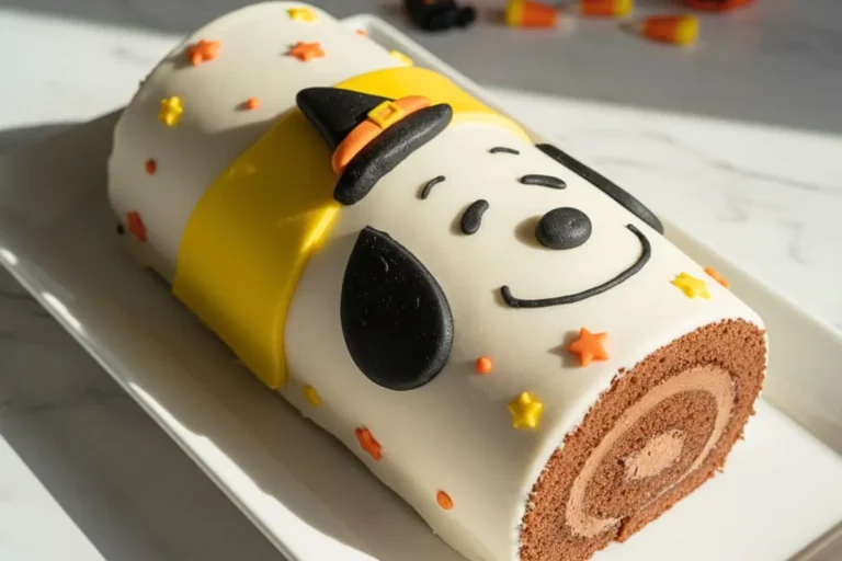 A Snoopy Halloween Swiss Roll in a white rectangular serving platter