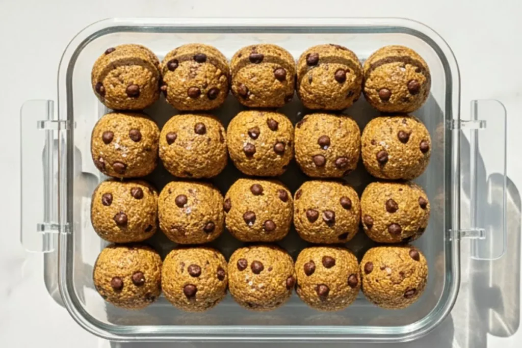 Tahini Chocolate Chip Protein Balls in Airtight container