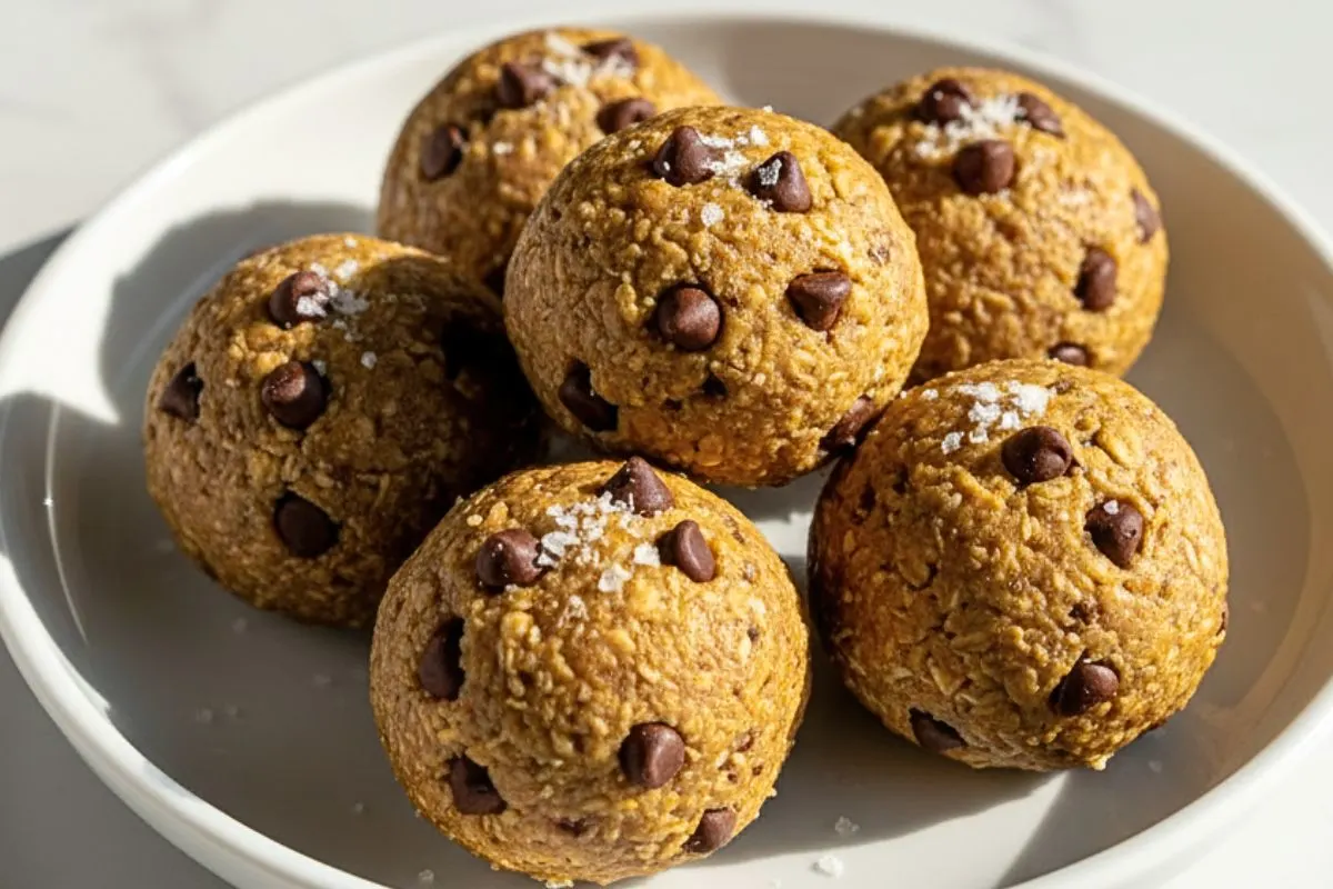 Tahini Chocolate Chip Protein Balls in a white ceramic plate