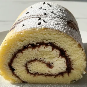 A Vanilla Swiss Roll with Fudge Swirl on a white ceramic dessert plate