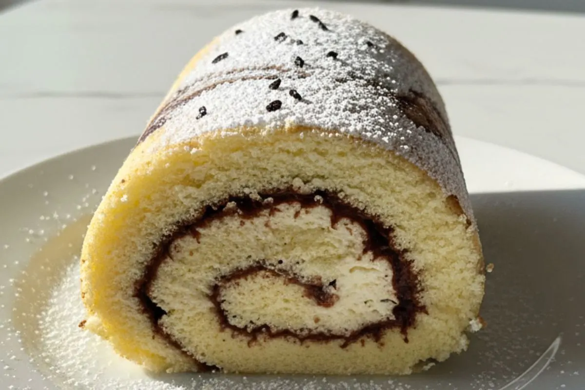 A Vanilla Swiss Roll with Fudge Swirl on a white ceramic dessert plate