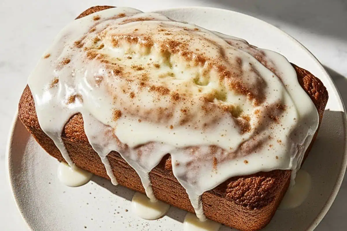 A Vegan Chai Spiced Loaf Cake on a rustic white dessert plate