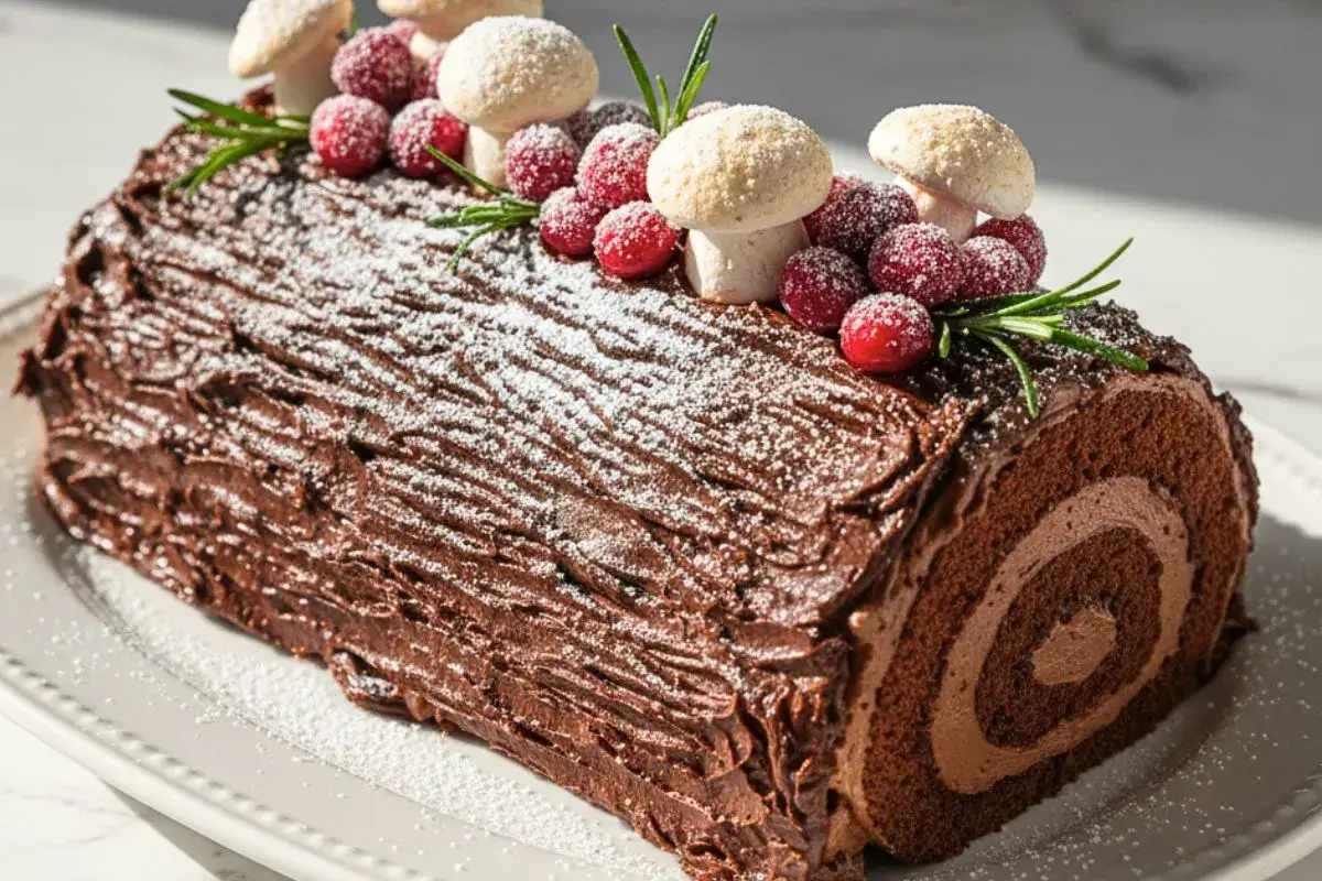 A Yule Log Recipe (Buche de Noel) on an elegant white ceramic platter