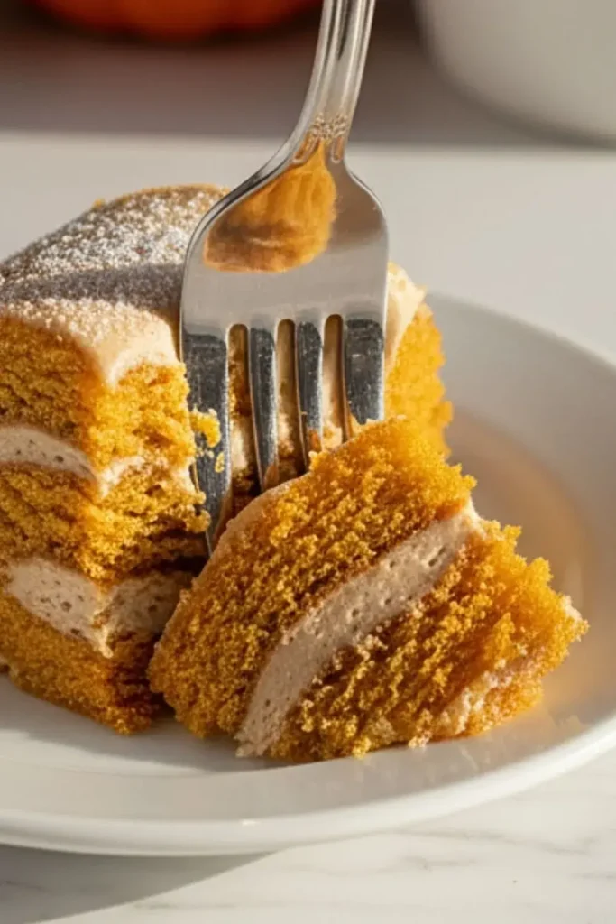 A bite-sized piece of Pumpkin Spice Swiss Roll on a small white appetizer plate