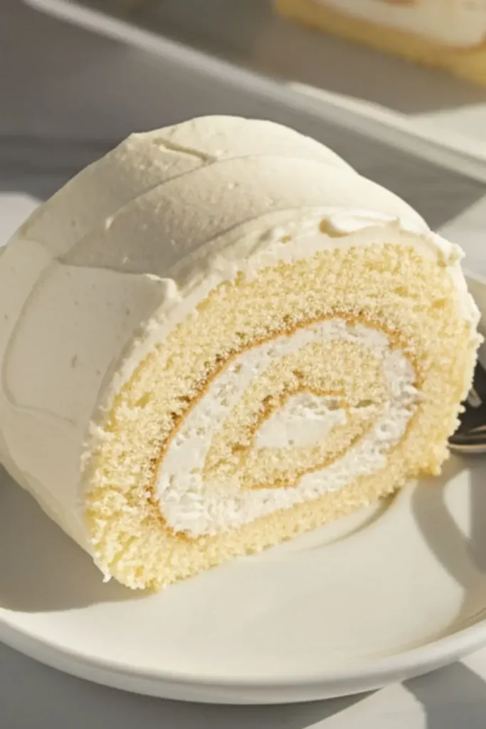 A single slice of Halloween Ghost Swiss Roll on a white ceramic dessert plate