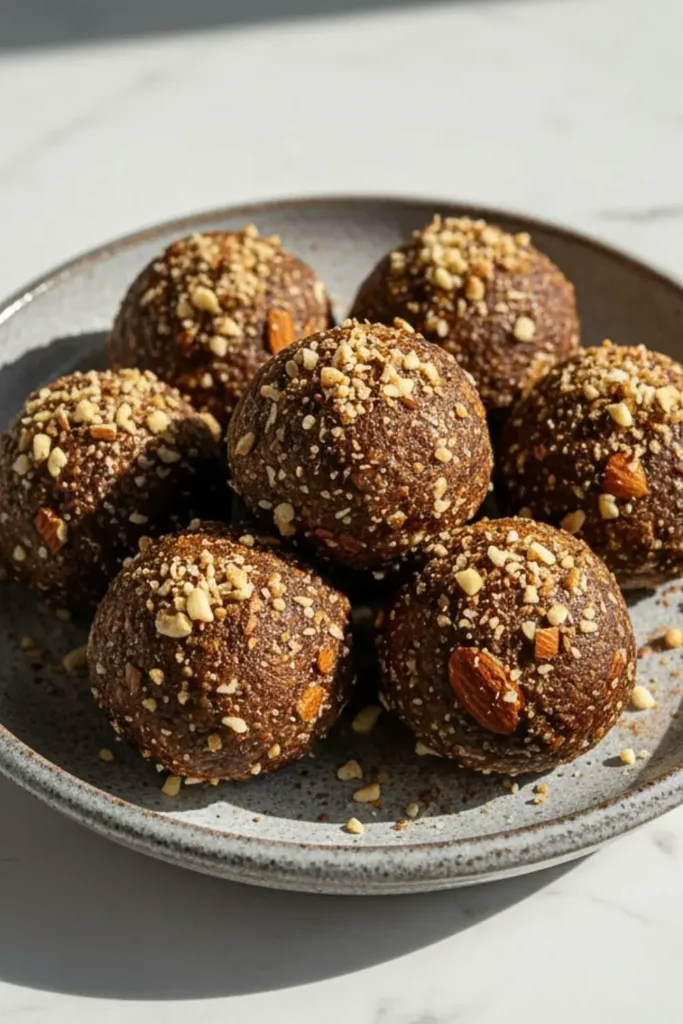 A arrangement of Date & Nut Protein Balls in an artisan ceramic dessert plate, featuring visible chopped almonds and walnuts with dark date paste binding, topped with crushed nuts and a light dusting of cinnamon.