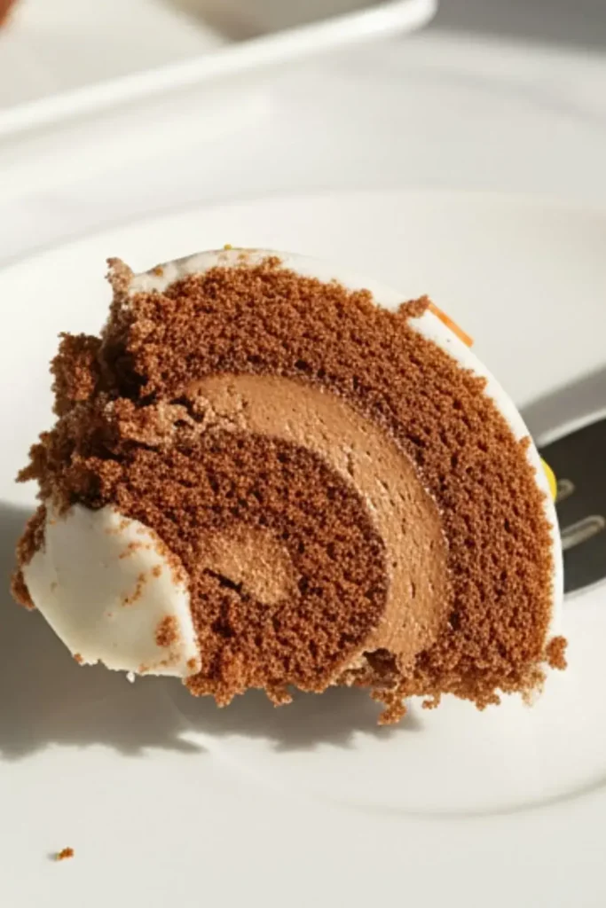 A close-up bite view of Snoopy Halloween Swiss Roll on a white dessert fork