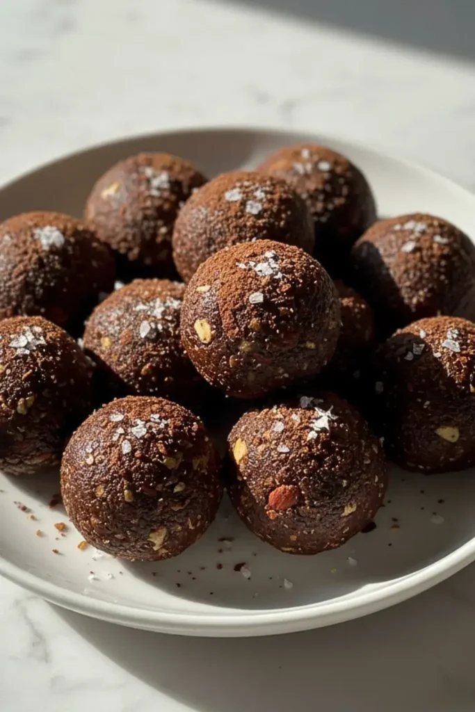 A collection of Chocolate Energy Balls in a modern white dessert plate, featuring rich dark cocoa coating with visible date and nut texture, topped with a sprinkle of sea salt flakes and cocoa powder dusting.