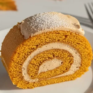 A single slice of Pumpkin Spice Swiss Roll in a white ceramic dessert plate