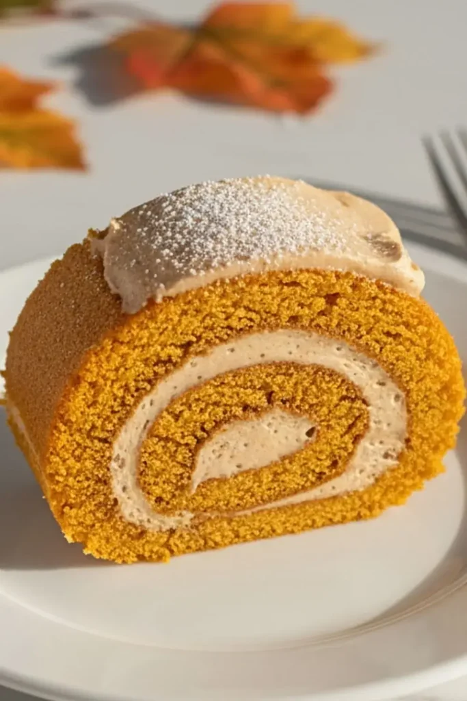 A single slice of Pumpkin Spice Swiss Roll in a white ceramic dessert plate