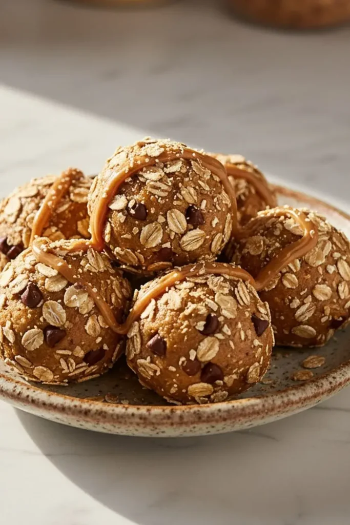 A cluster of Peanut Butter Protein Balls in a rustic ceramic dessert plate, featuring rolled oats coating with visible peanut butter texture and mini chocolate chips, topped with a light dusting of oats and a drizzle of melted peanut butter.