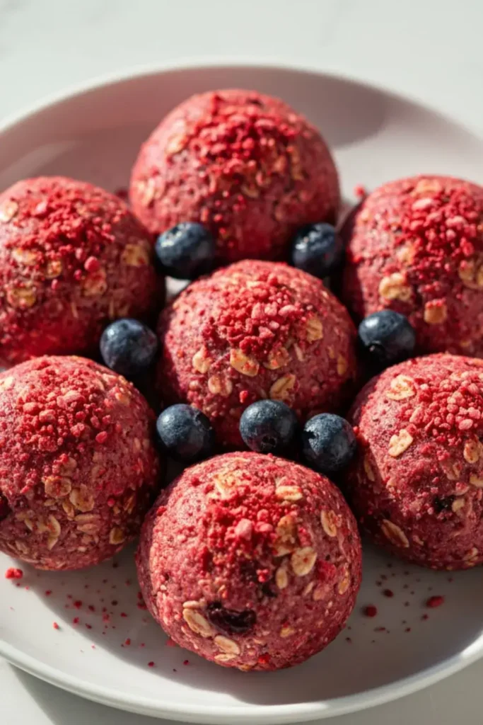 A colorful display of Berry Bliss Protein Balls in a pristine white dessert plate, featuring vibrant pink coating from freeze-dried berries with visible oat texture and berry pieces, topped with crushed freeze-dried strawberries and whole dried blueberries.