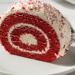 A single slice of Red Velvet Cake Roll with Peppermint Buttercream on a white dessert plate
