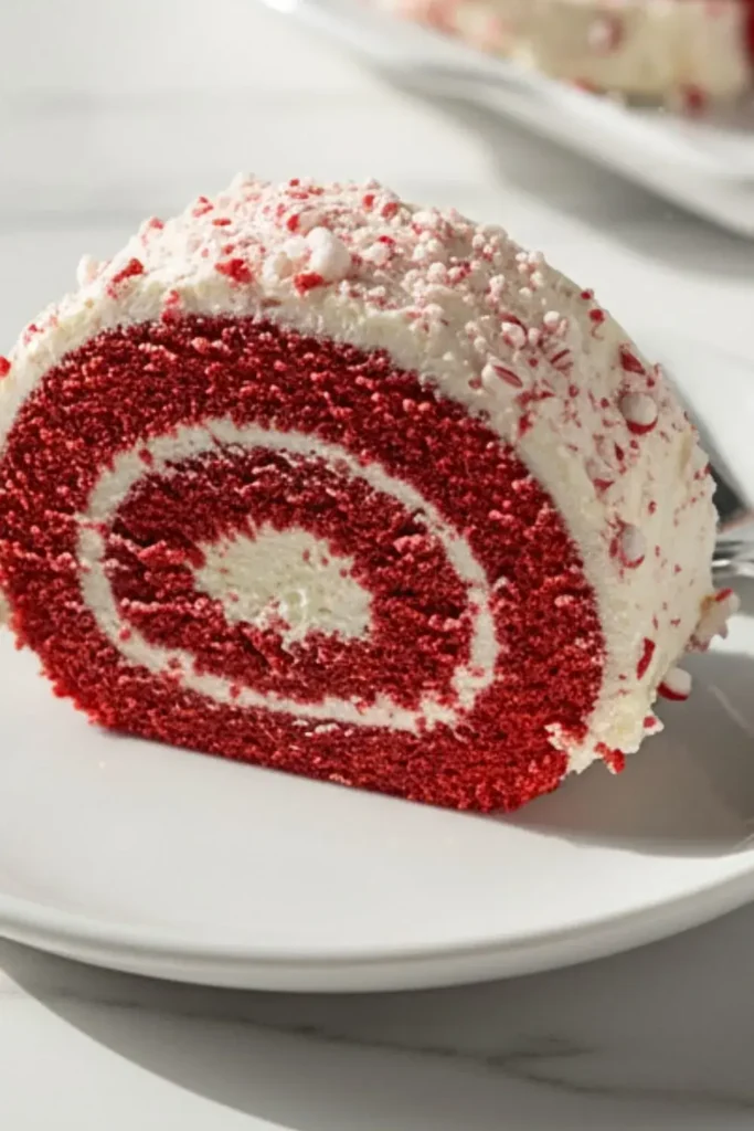 A single slice of Red Velvet Cake Roll with Peppermint Buttercream on a white dessert plate