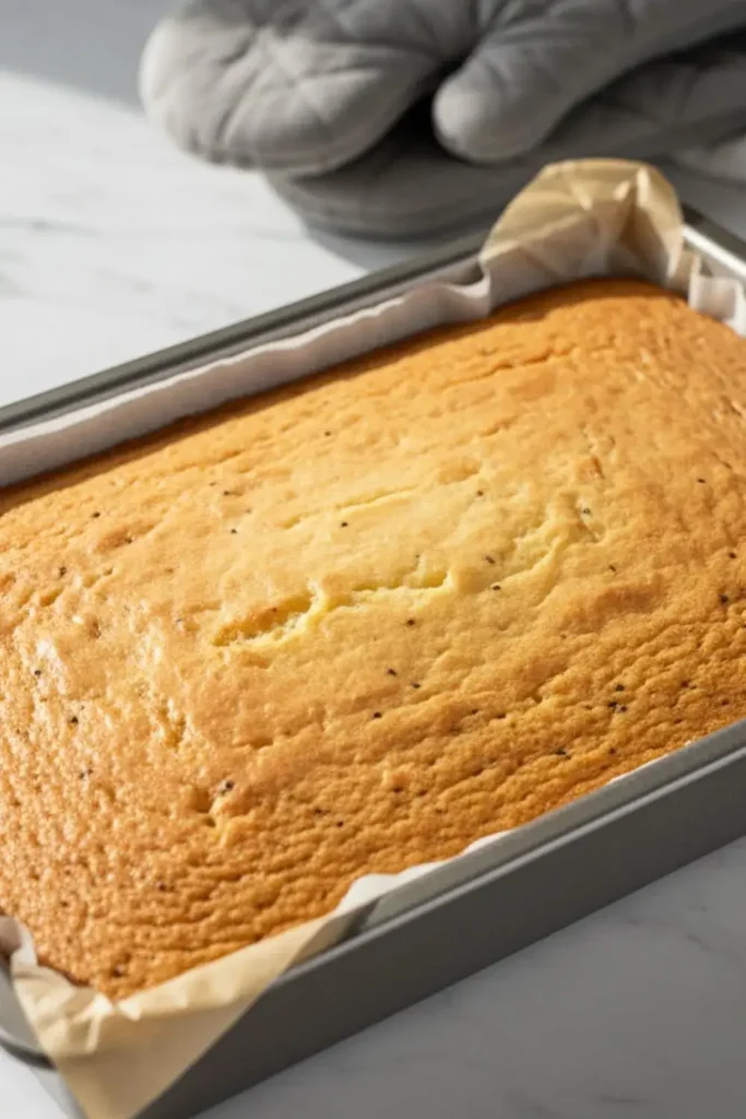 A golden-brown vanilla sponge cake for Halloween Ghost Swiss Roll in a 10x15 inch jelly roll pan lined with parchment paper