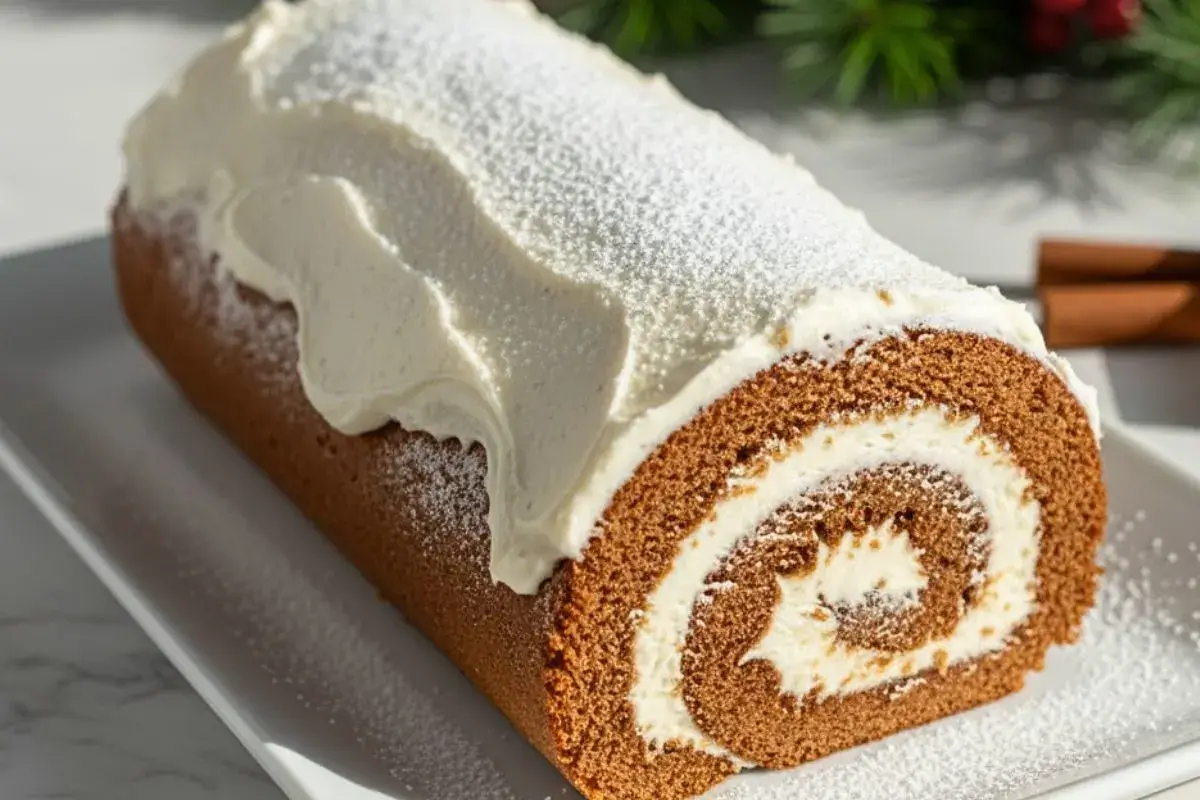 A Gingerbread Swiss Cake Roll in a white rectangular serving platter, featuring spiral layers of dark spiced gingerbread cake and creamy white cream cheese frosting, dusted with powdered sugar on top.
