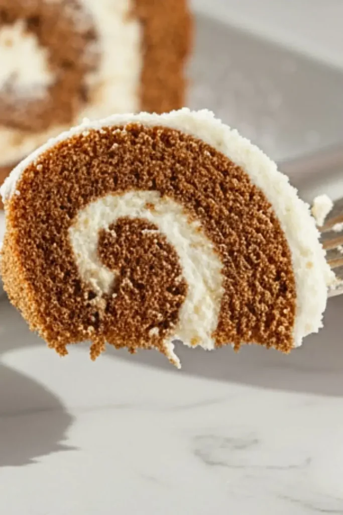 A Gingerbread Swiss Cake Roll bite on a silver dessert fork, featuring layers of spiced dark gingerbread cake and white cream cheese frosting with the spiral pattern clearly visible, held at an appetizing angle.